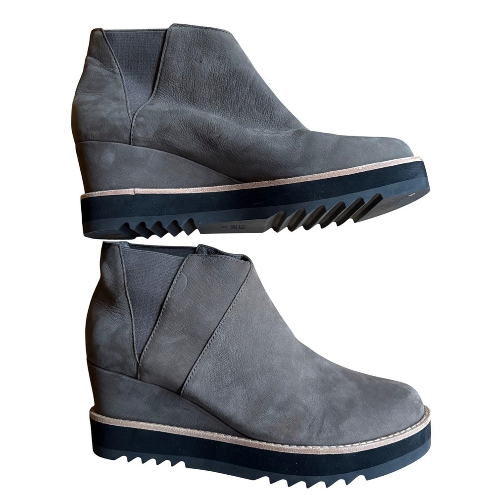 EILEEN FISHER Gray Suede Wedge Ankle Booties Chelsea Boots Lug Sole Women's 9.5